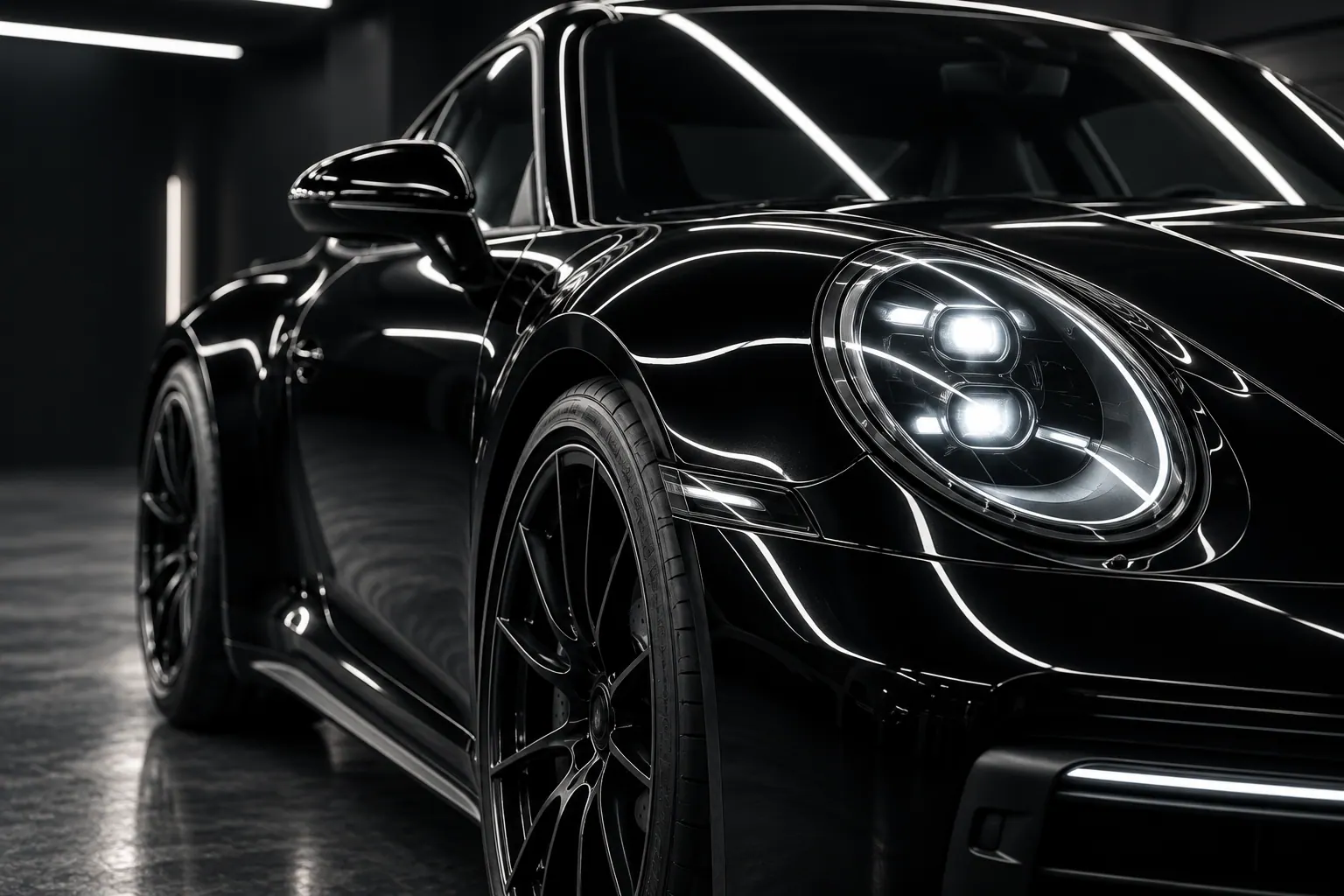 Close view of reflective black paint and headlight detail on a sports coupe