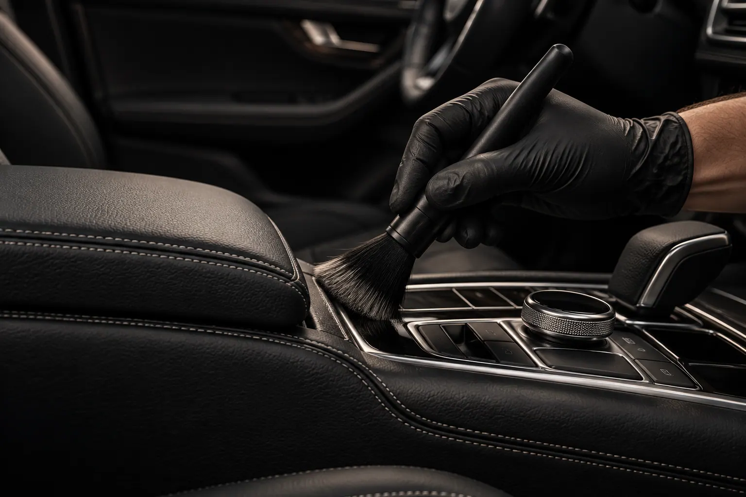 Technician detailing the black leather center console of a premium vehicle