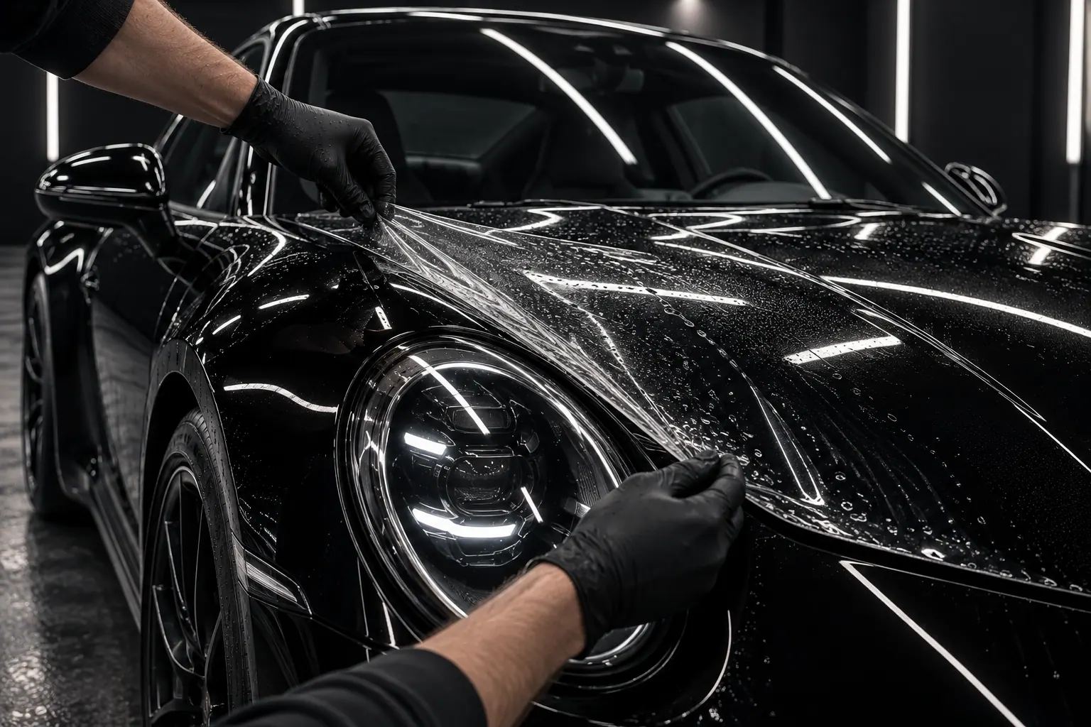 Technician applying clear paint protection film to a black sports coupe