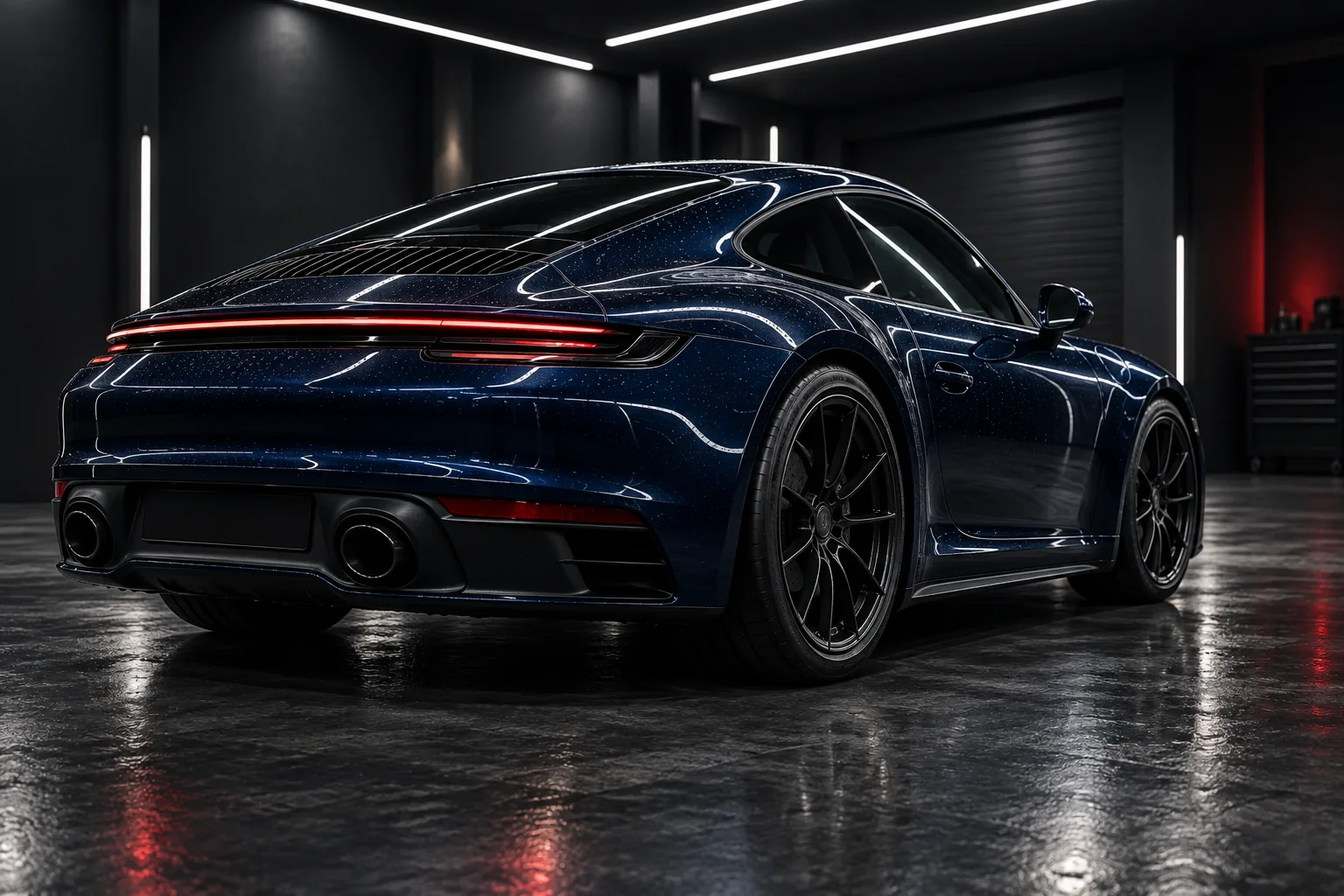 Fictional dark blue performance coupe viewed from the rear in a studio