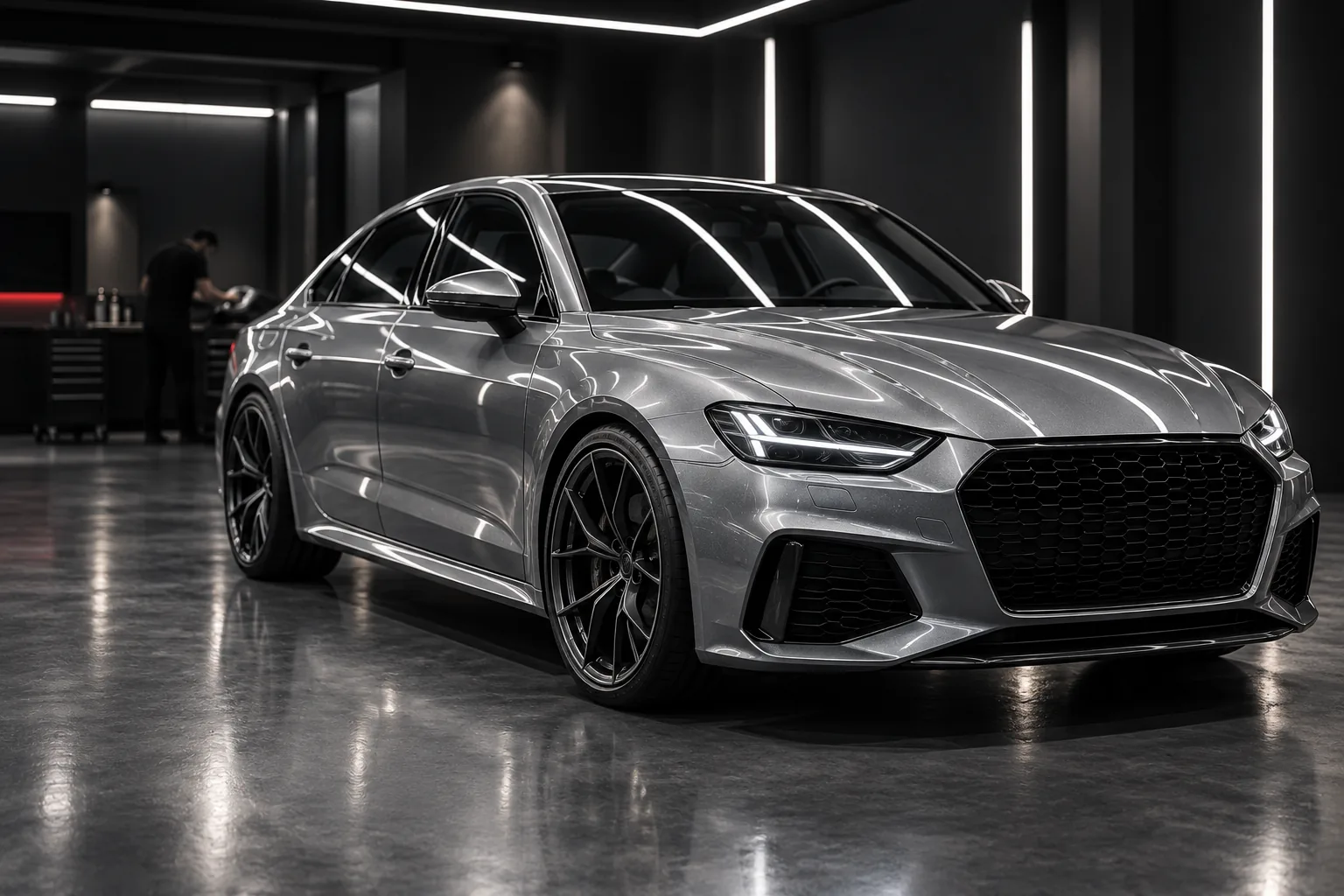 Fictional silver performance sedan under linear inspection lights