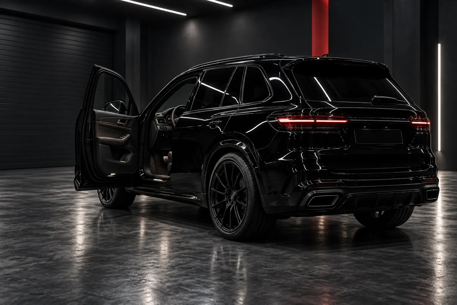 Fictional black luxury SUV with its front door open in a dark studio
