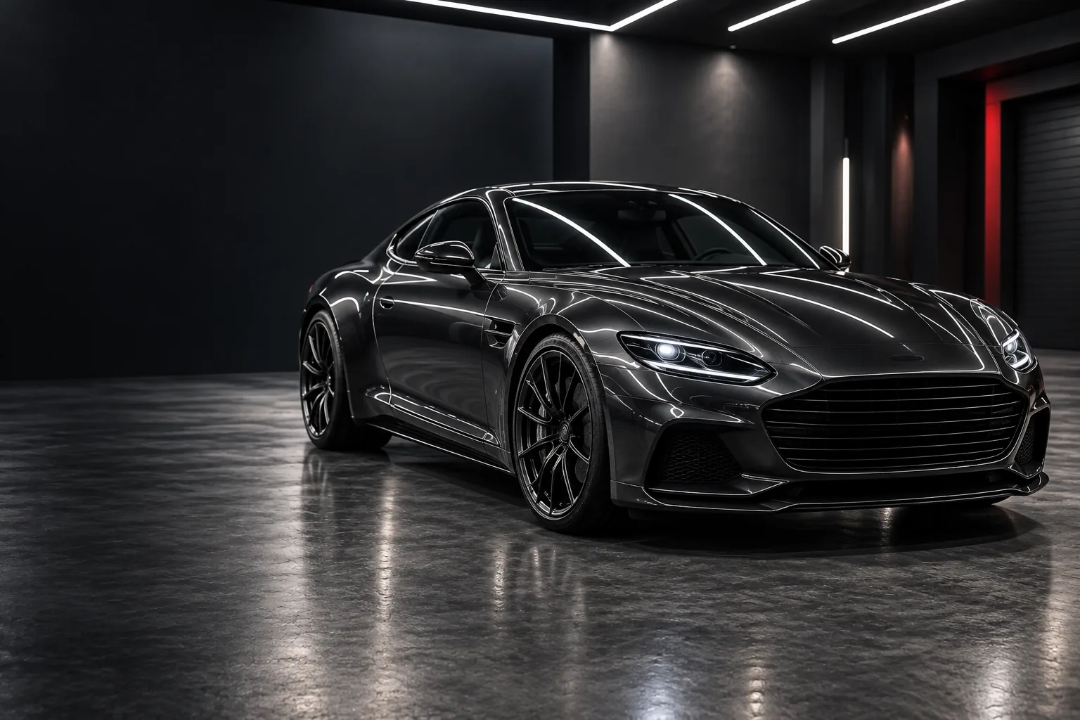 Fictional graphite grand touring coupe in a dark detailing studio