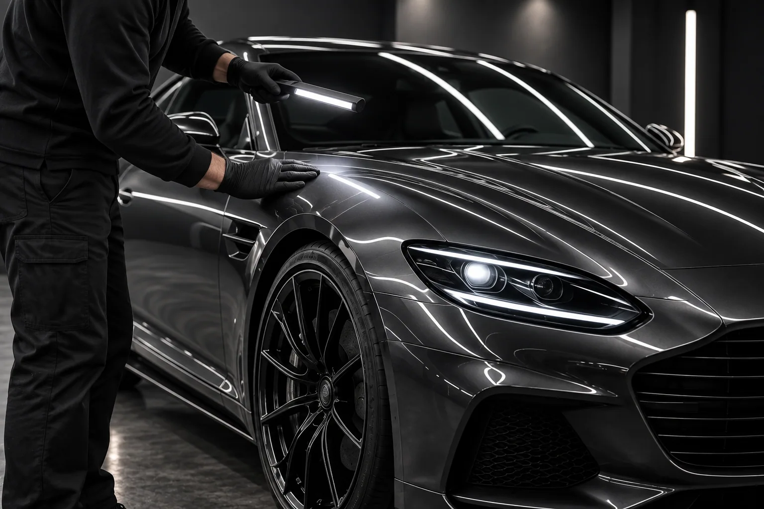 Fictional technician examining a graphite car with a handheld inspection light