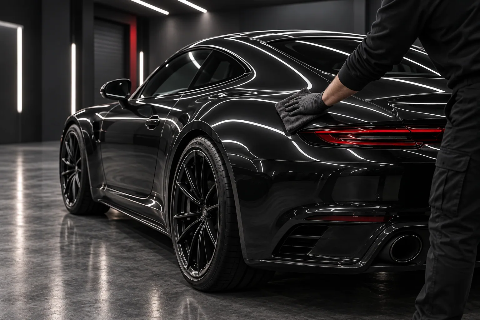 Fictional technician completing a final microfiber inspection of a black coupe