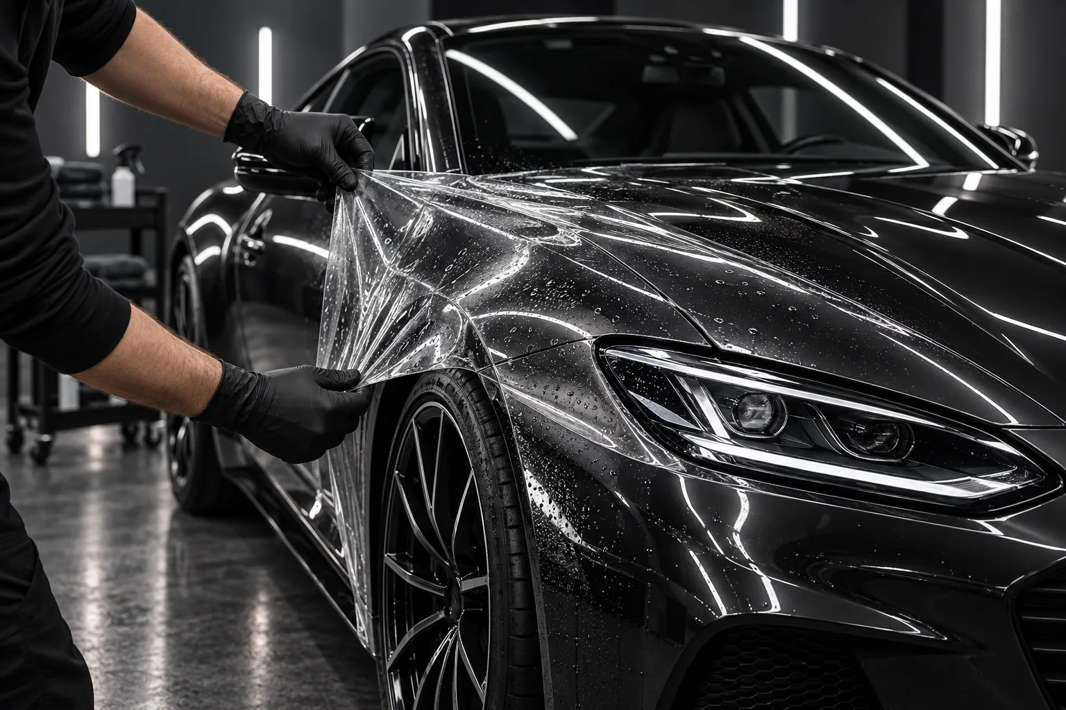 Fictional technician positioning transparent protection film on a black car
