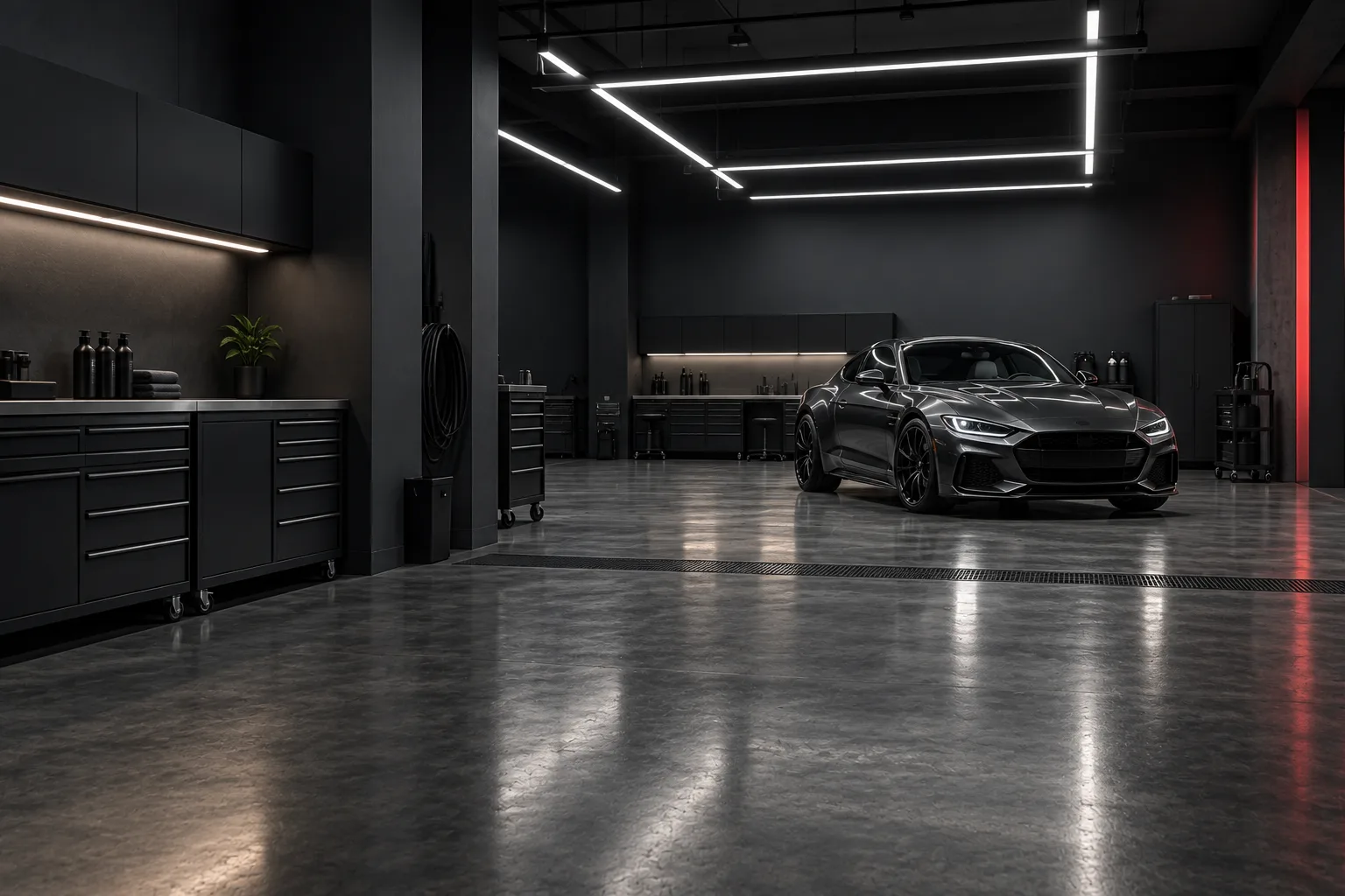 AI-generated concept of a dark automotive detailing workshop with a graphite coupe